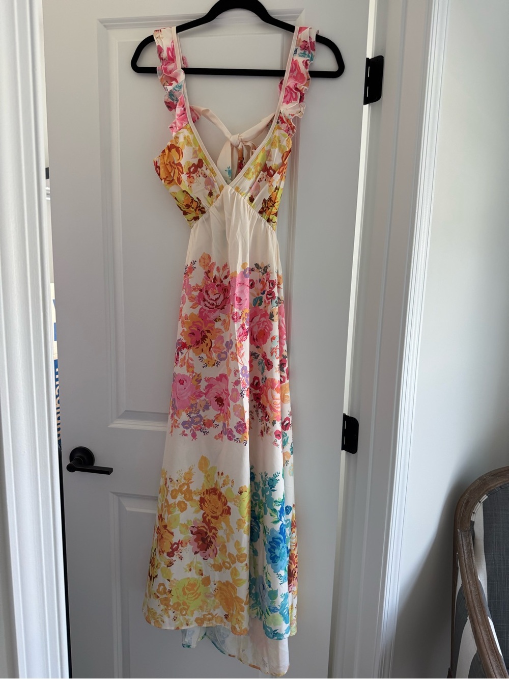 Amazon Floral Backless Maxi Dress in Cream with Pink, Yellow & Blue Accents